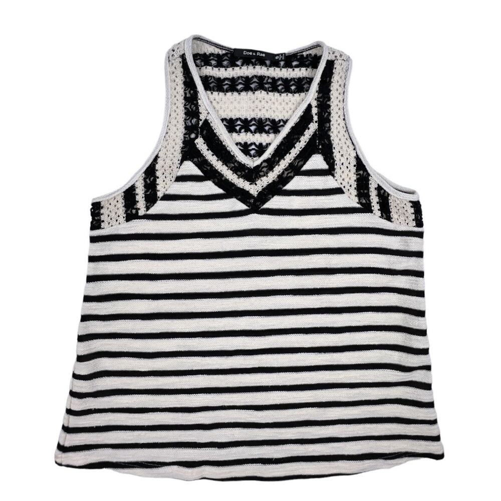 Doe & Rae Tank Top Black Ivory Stripe Sleeveless V-Neck Knit Womens Small